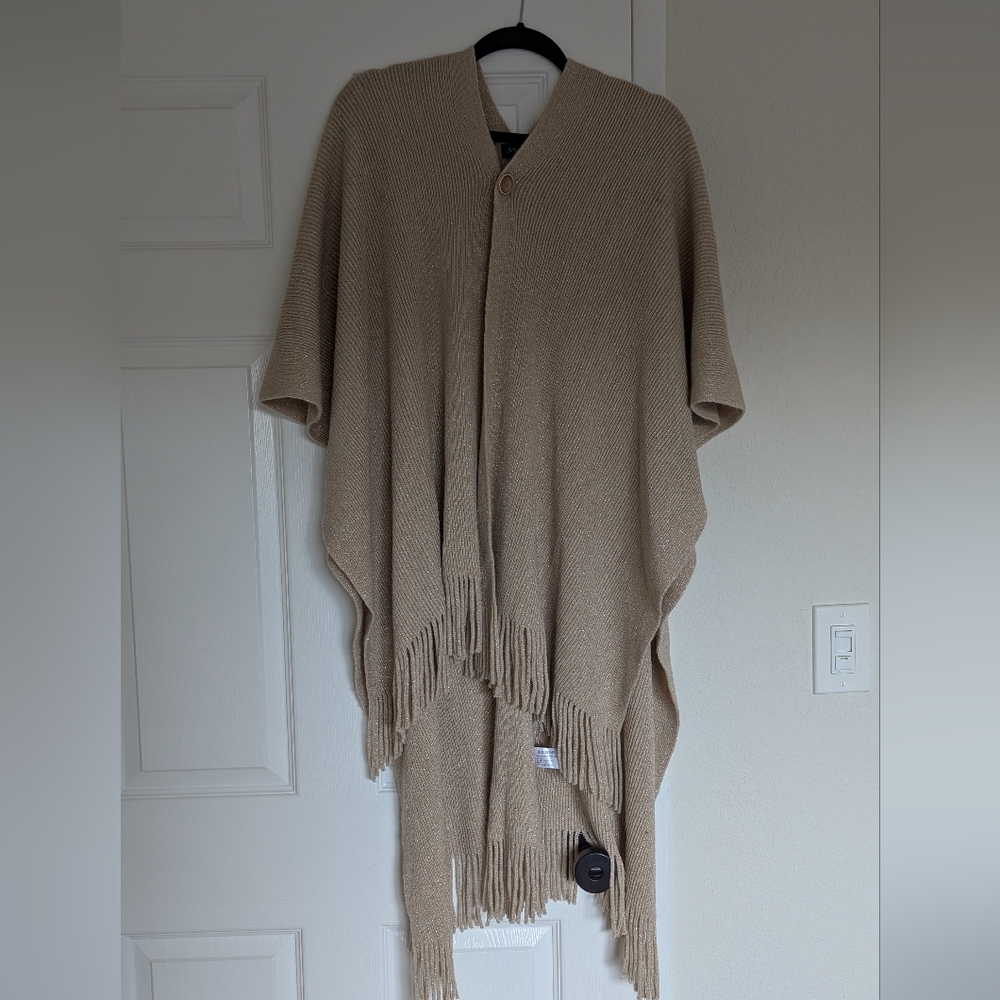 Beige Knit Poncho with Fringe
